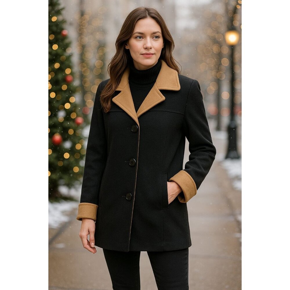 1 Madison  Wool Blend Coat Jacket Black Tan Large Lined Classic Chic Corpcore